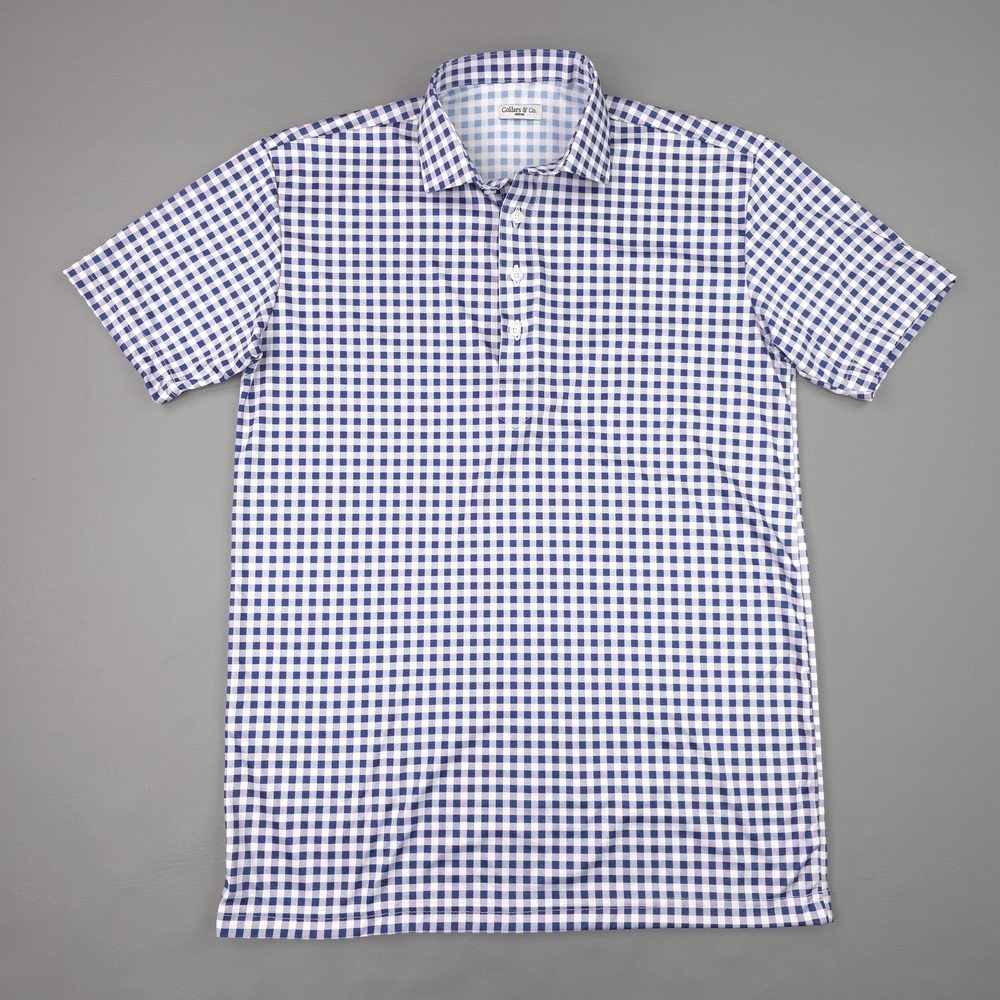 Collars & Co. Polo Shirt Mens Medium Blue Gingham Knit Dress Collar Office Wear
